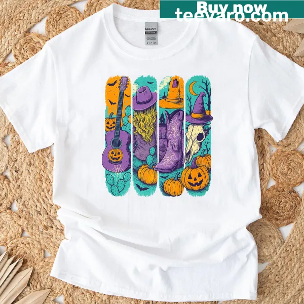Western-themed Halloween shirt with cowgirl and pumpkin elements