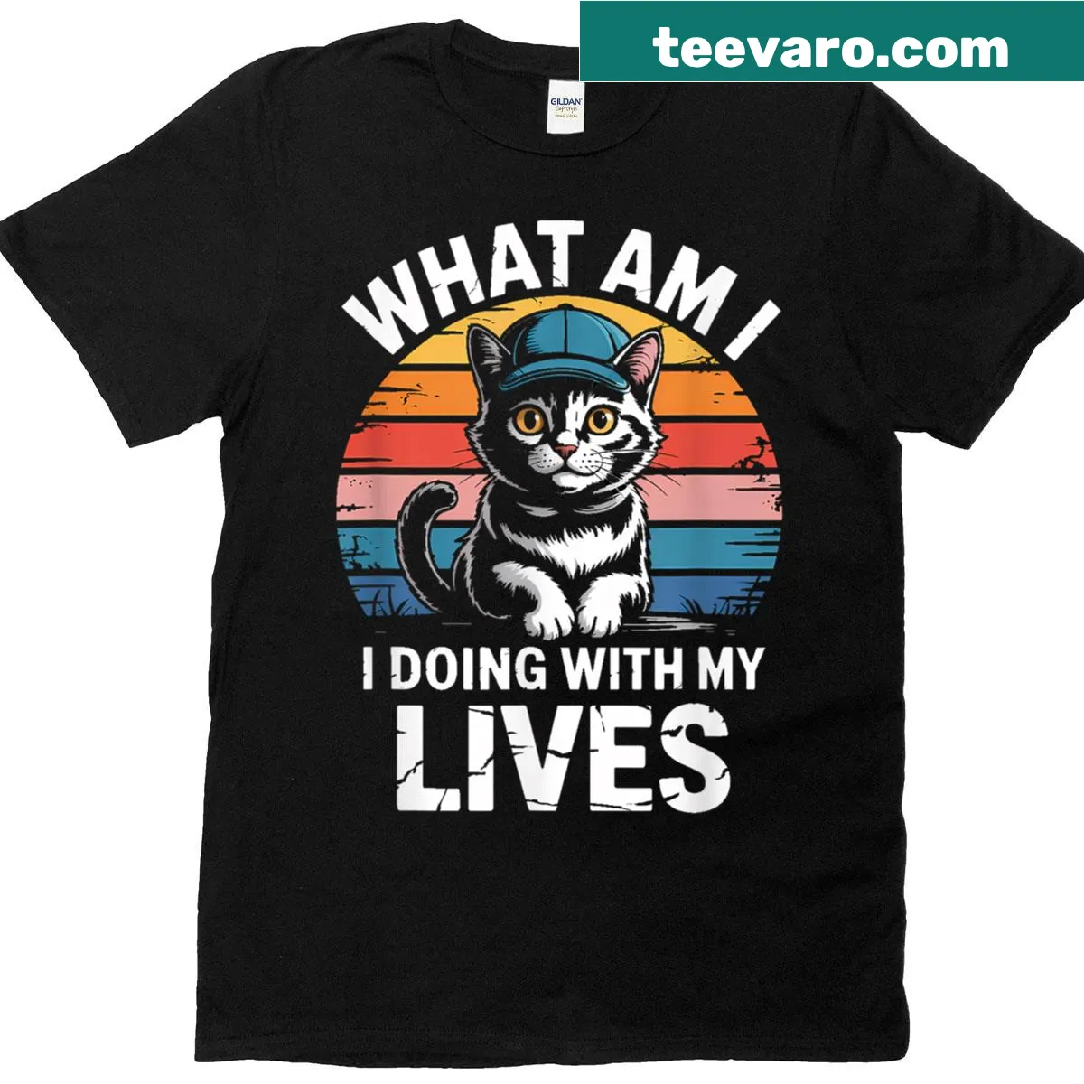 Vintage-style cat t-shirt with retro sunset and phrase What Am I Doing With My Lives — on a men's t-shirt
