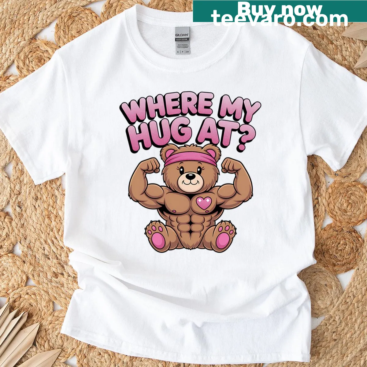 Buff teddy bear Ravi graphic T-shirt — on a men's t-shirt