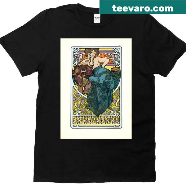 Art Nouveau t-shirt featuring a woman and bear illustration by Alphonse Mucha