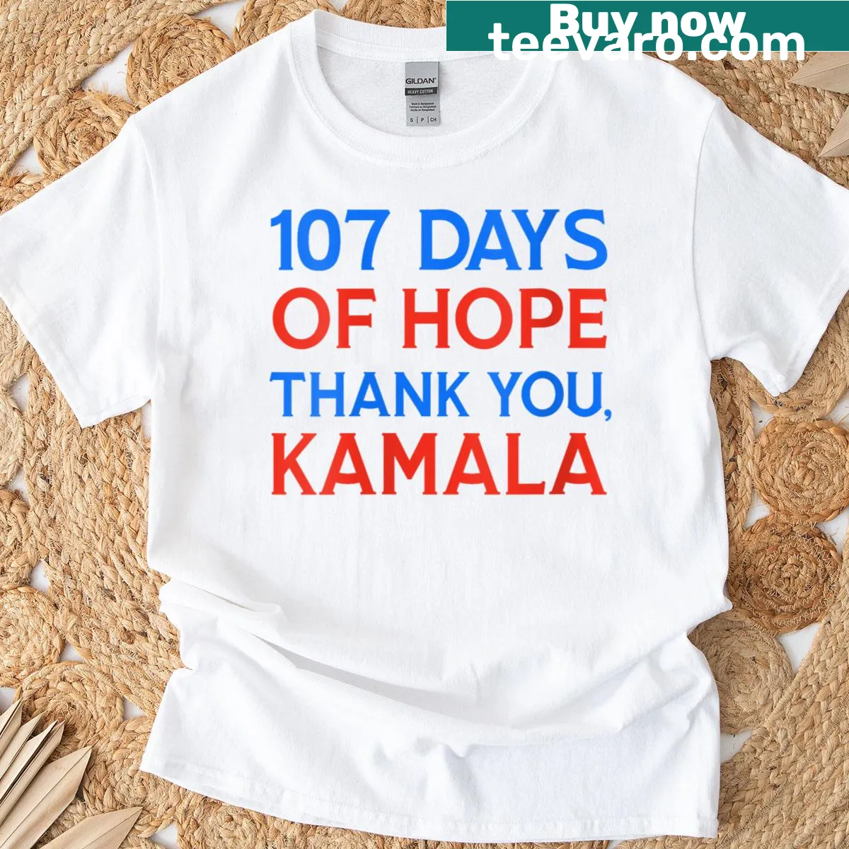 T-shirt with '107 Days of Hope' and 'Thank You Kamala' typography design — on a men's t-shirt