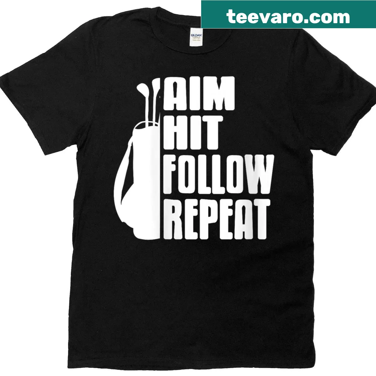 Motivational golf T-shirt with Aim Hit Follow Repeat slogan — on a men's t-shirt