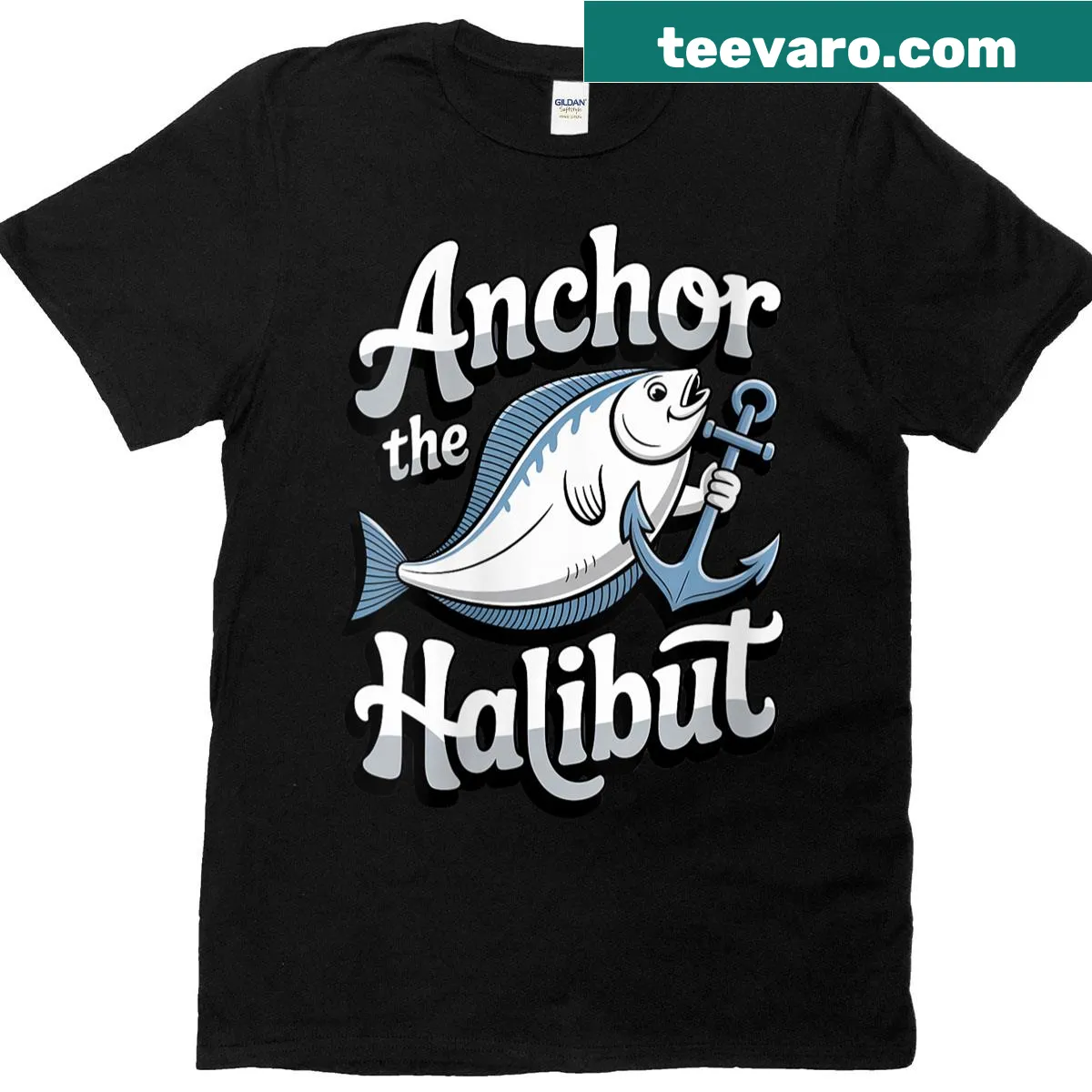 Artistic t-shirt with an anchor and halibut design celebrating fishing — on a men's t-shirt