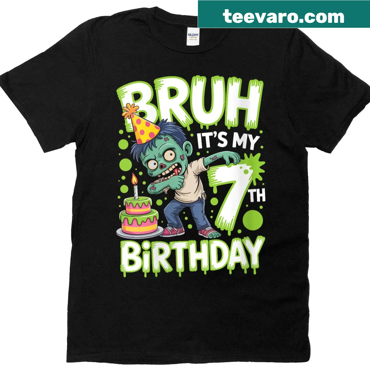 7th birthday t-shirt with humorous zombie design — on a men's t-shirt