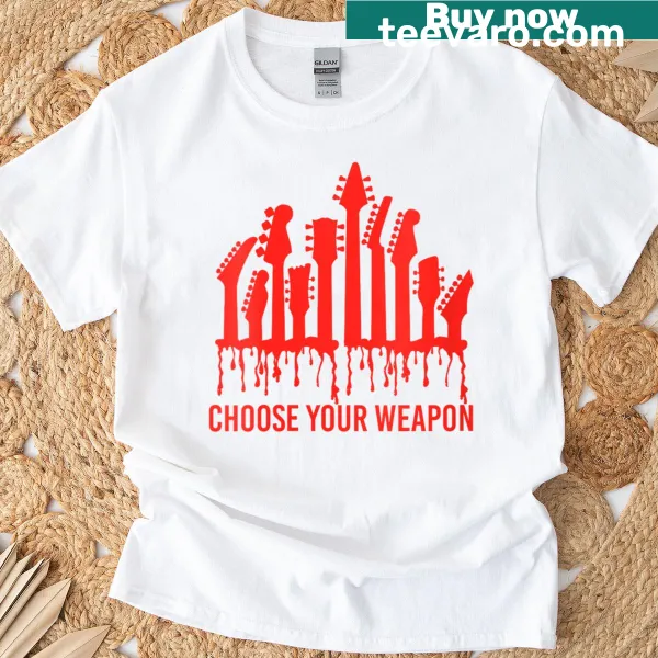 Hand-lettered t-shirt design with 'Choose Your Weapon' for guitar lovers