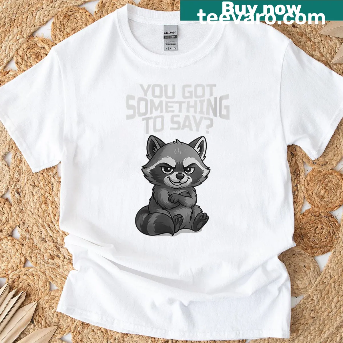 Funny cartoon raccoon t-shirt with a humorous quote — on a men's t-shirt