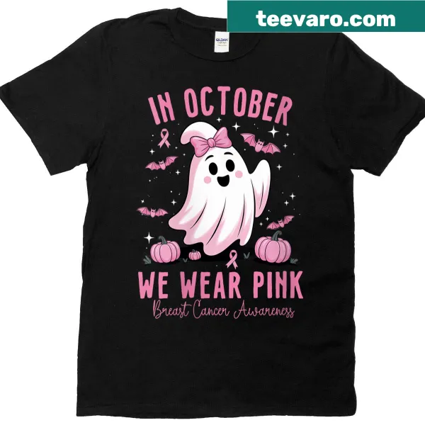 Cute ghost graphic with 'In October We Wear Pink' text for awareness