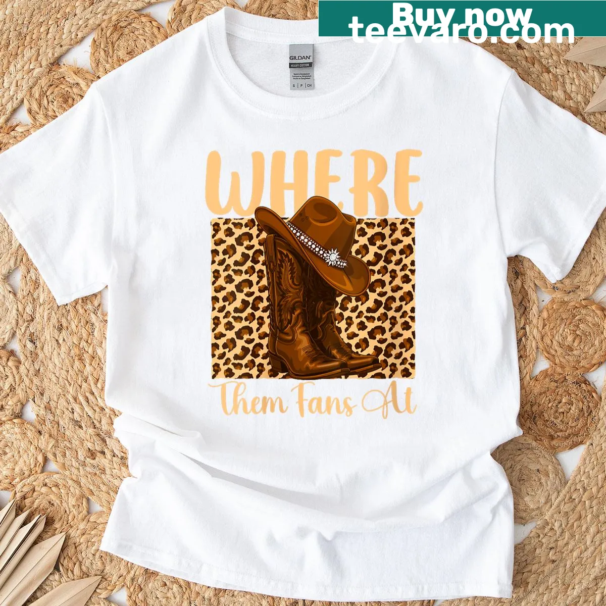 Playful T-shirt with 'Where Them Fans At?' text in cowboy style — on a men's t-shirt