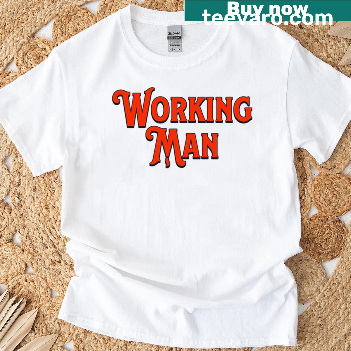 Bold typography of 'Working Man' on a casual T-shirt — on a men's t-shirt
