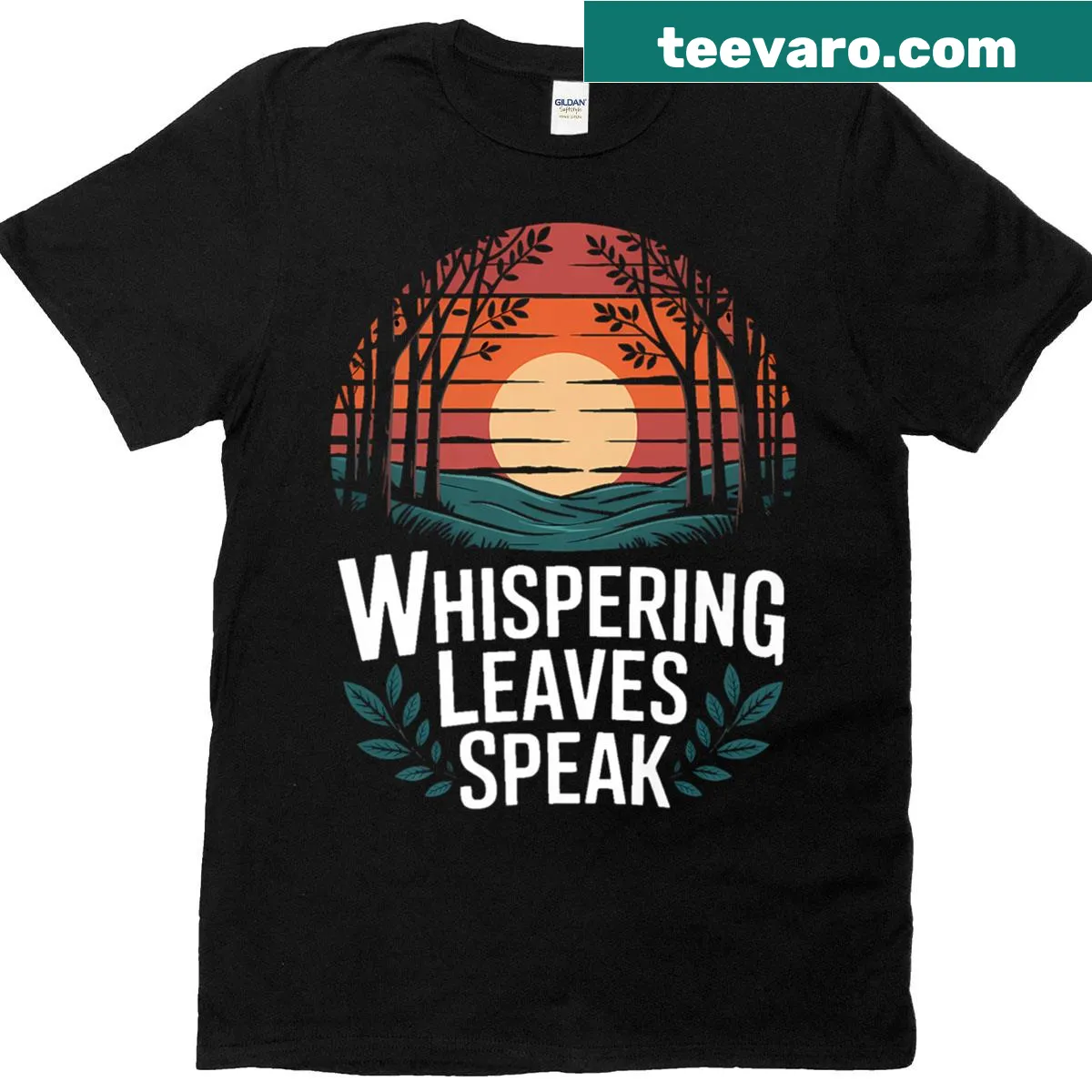 Vintage sunset forest themed t-shirt with playful design — on a men's t-shirt