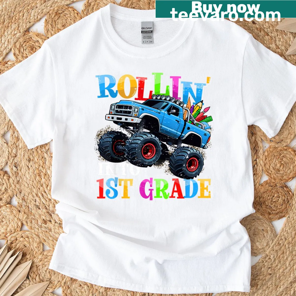 T-shirt featuring a monster truck graphic for kids — on a men's t-shirt