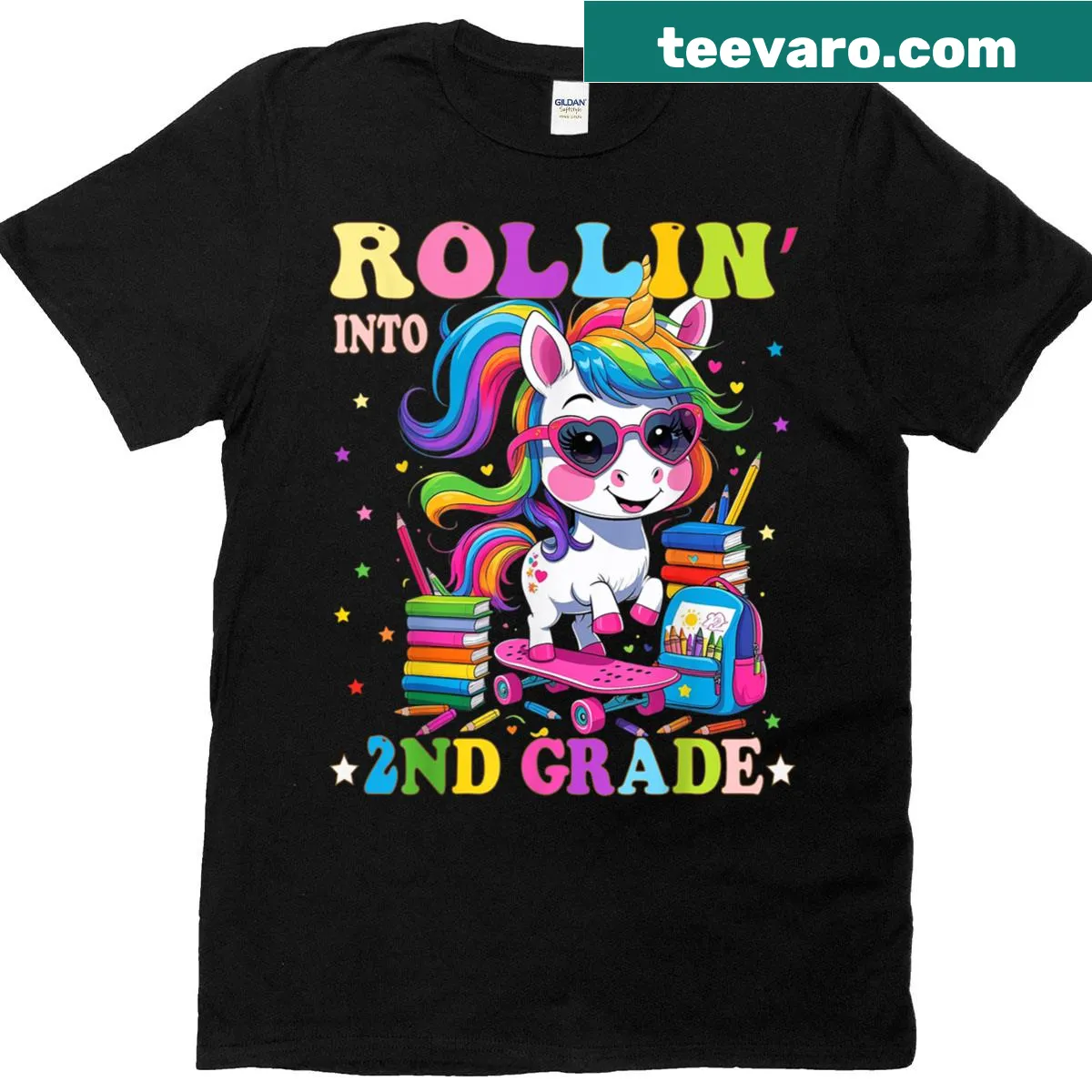 Cartoon style unicorn T-shirt perfect for 2nd grade girls — on a men's t-shirt