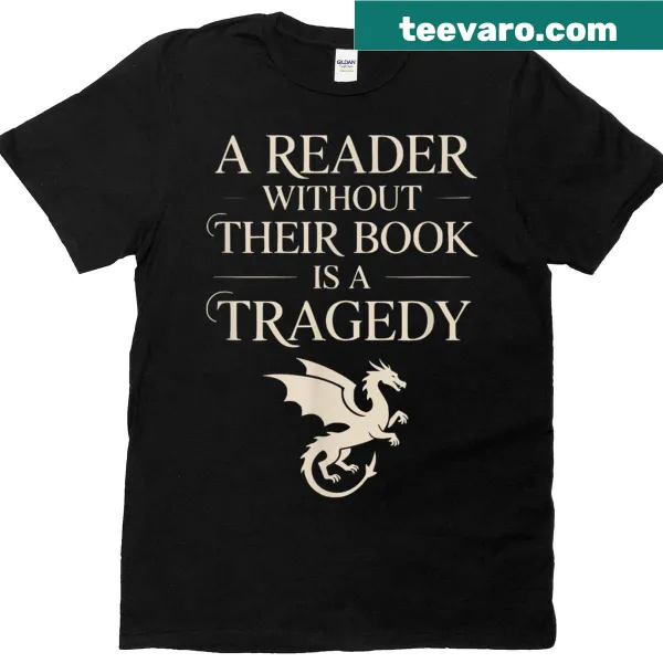 Vintage tee with distressed text: 'A Reader Without Their Book Is Tragedy'.