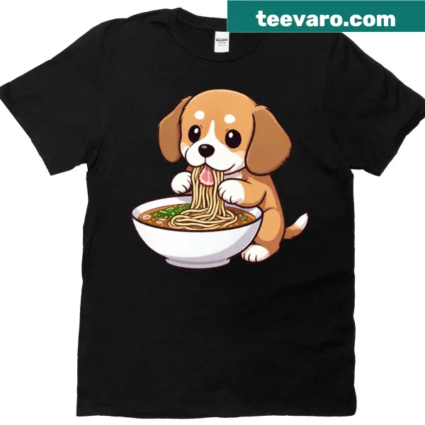 T-shirt featuring an adorable beagle eating ramen noodles