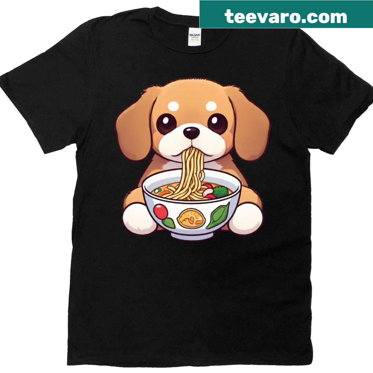 Cartoon graphic of a beagle enjoying ramen noodles. — on a men's t-shirt