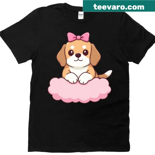 Illustration of a beagle hanging from a cloud with a pink bow.