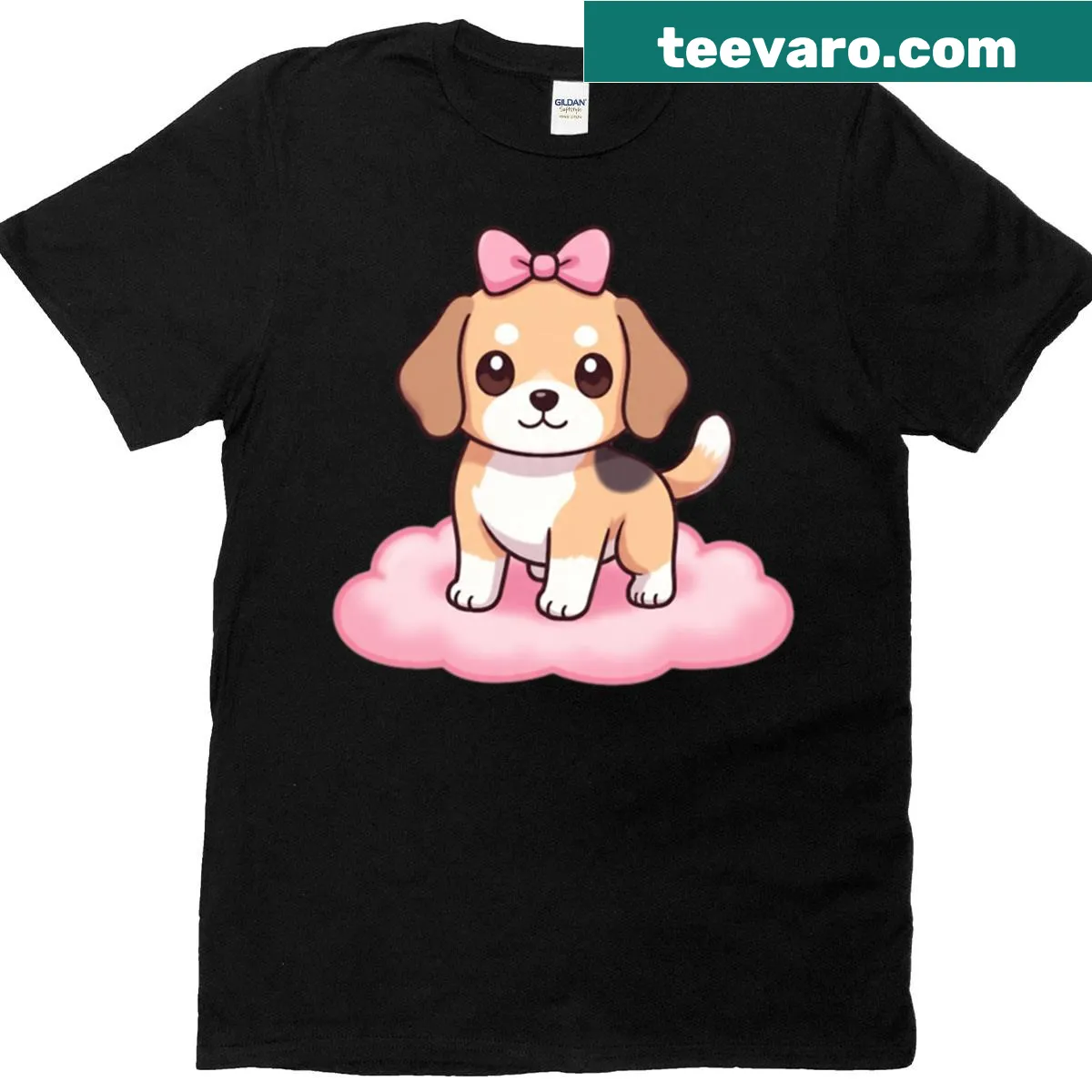 Whimsical beagle illustration on a cloud with a pink bow — on a men's t-shirt