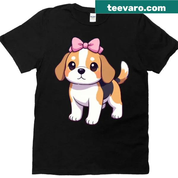 Illustration of a beagle with a pink bow on a t-shirt