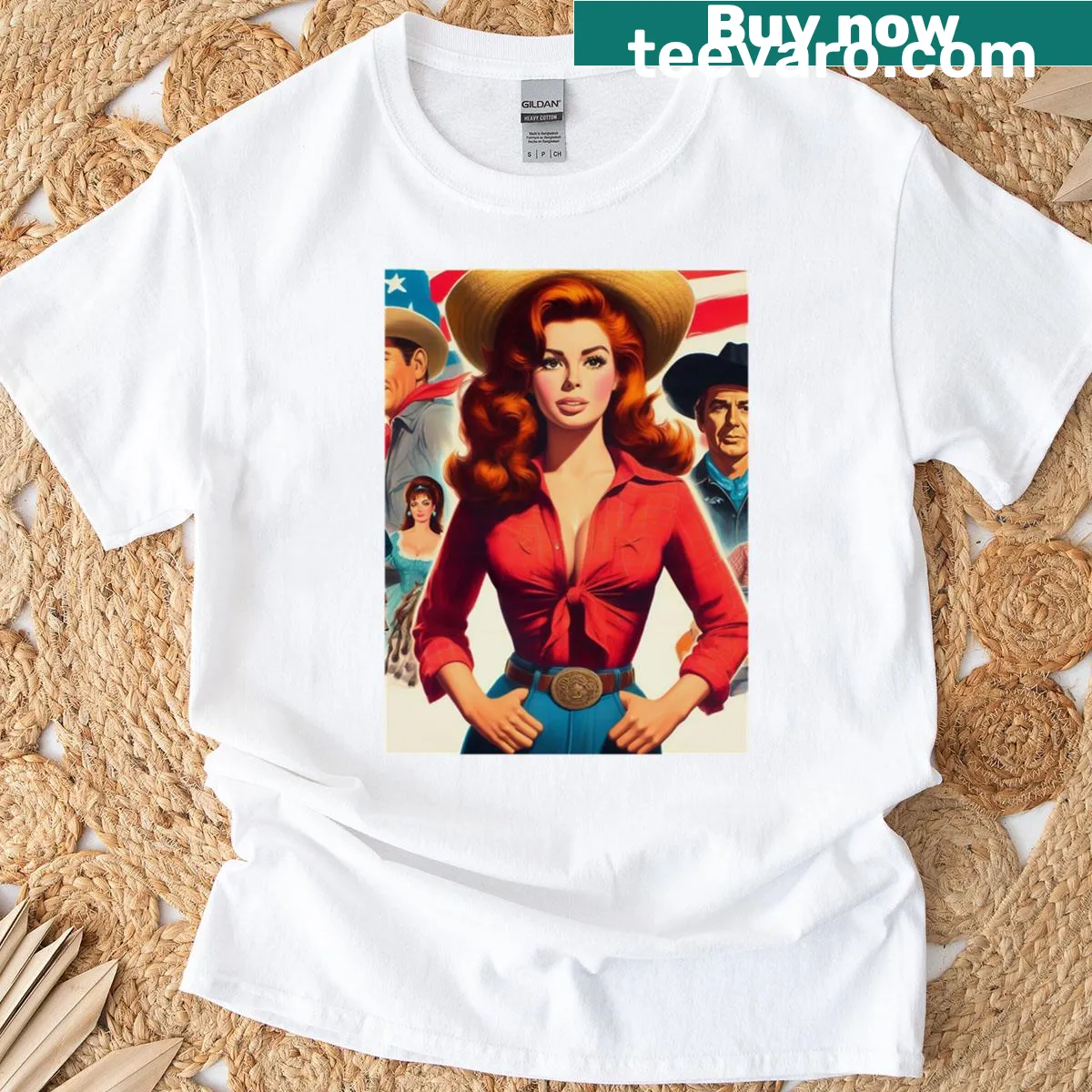 Graphic of a cowgirl riding a horse celebrating Western culture — on a men's t-shirt