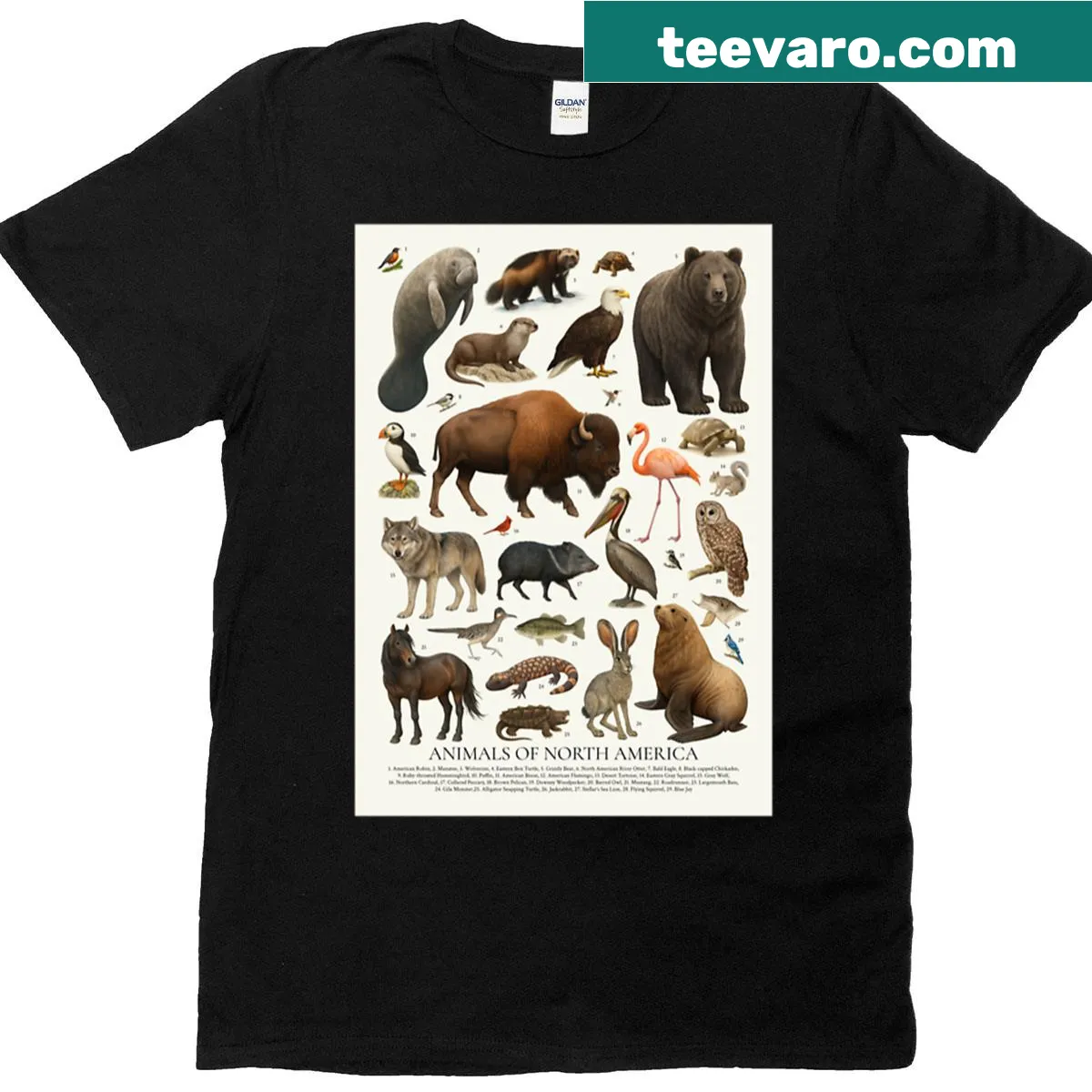Retro illustrated t-shirt featuring North American animals — on a men's t-shirt