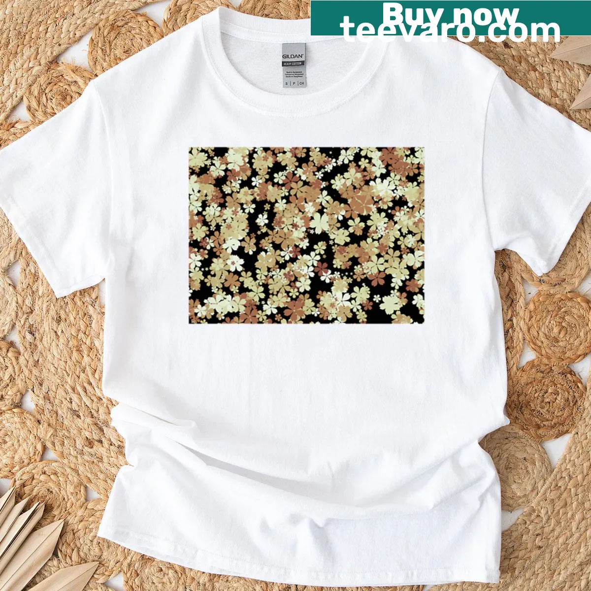 Illustrative floral design on a T-shirt representing autumn flowers — on a men's t-shirt