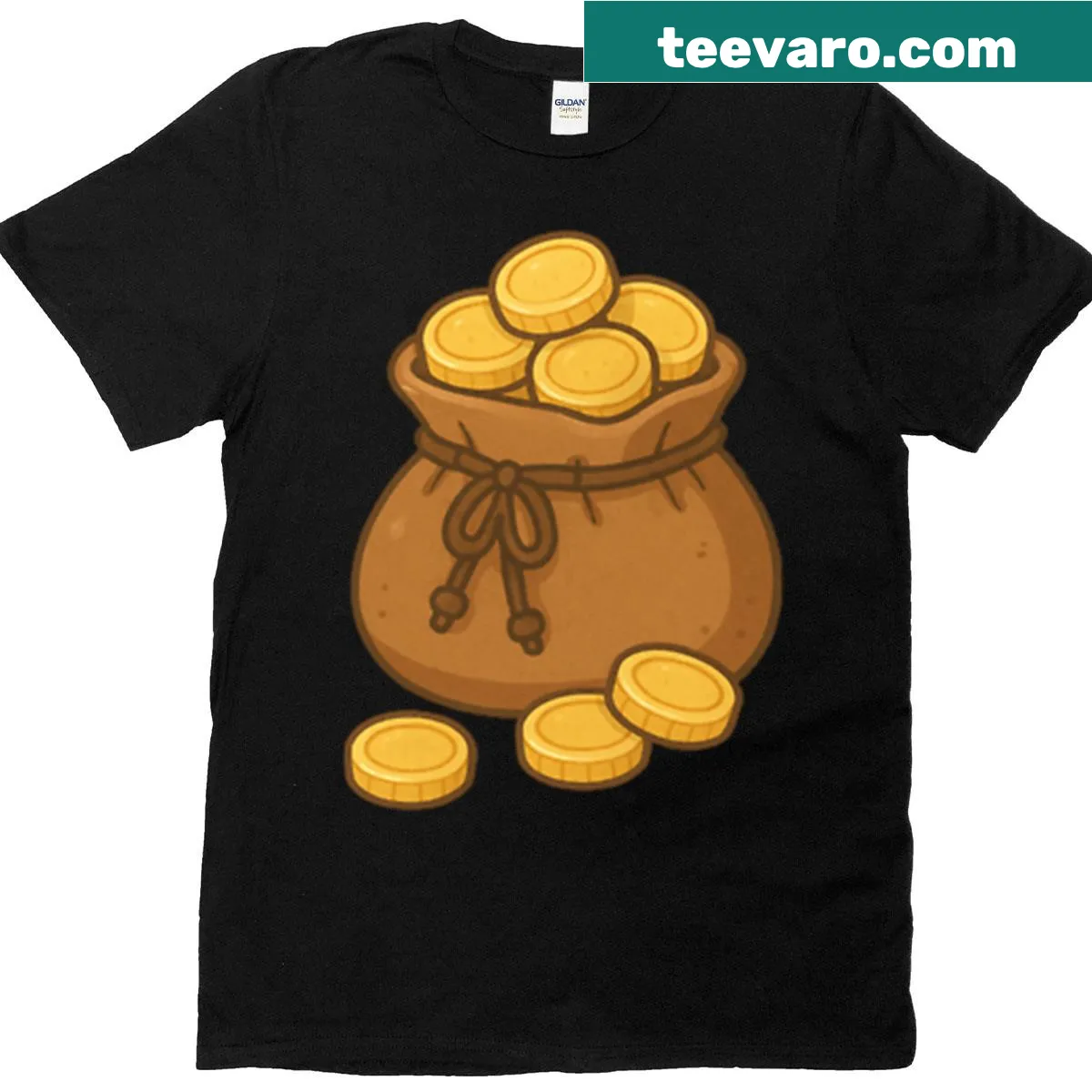 Minimalist graphic of a bag filled with gold coins. — on a men's t-shirt