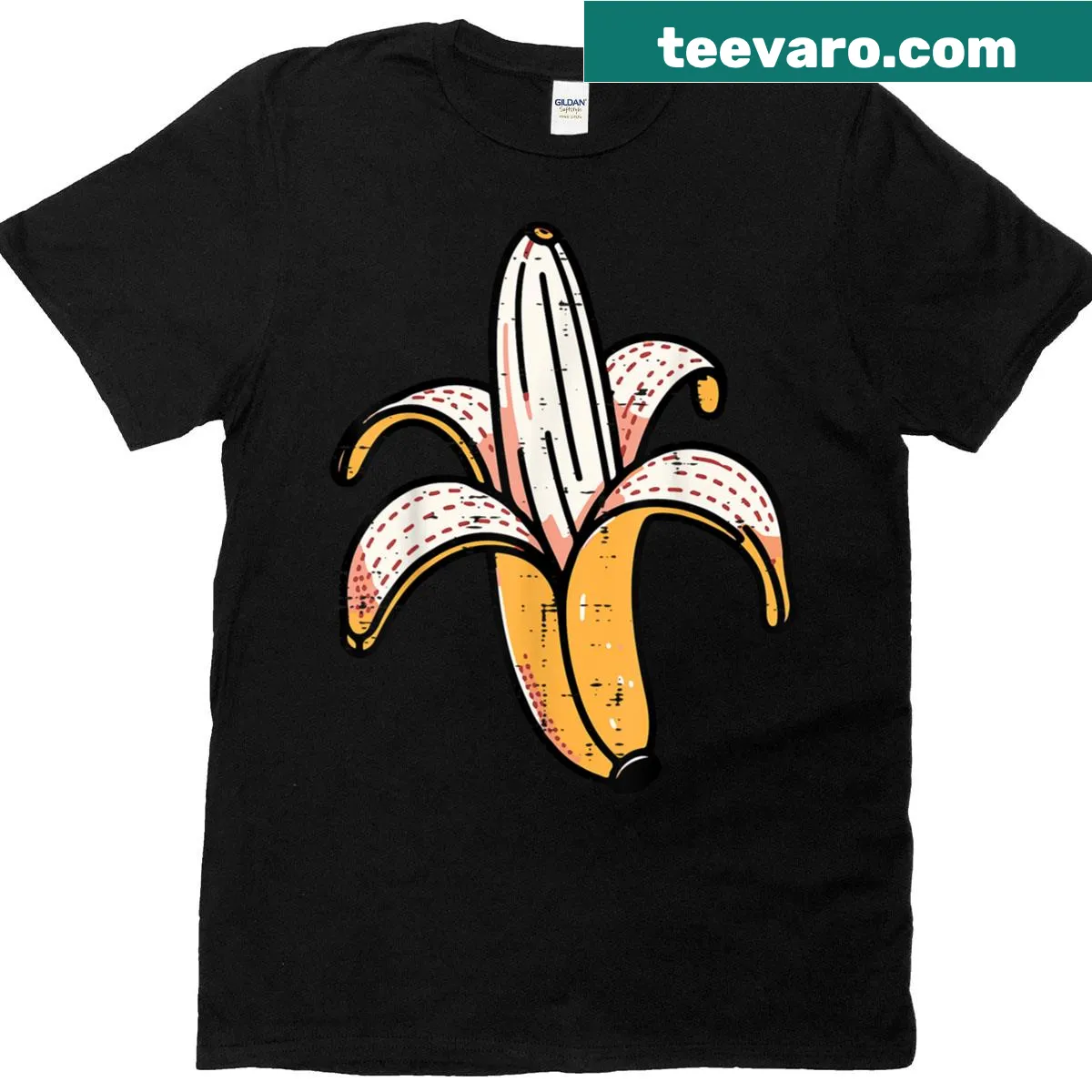 Cartoon graphic of a banana with artistic peels. — on a men's t-shirt