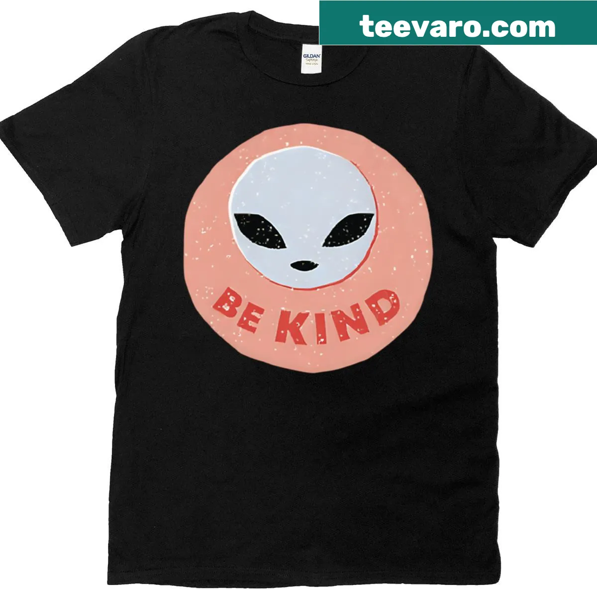 Minimal alien head design with 'Be Kind' text — on a men's t-shirt
