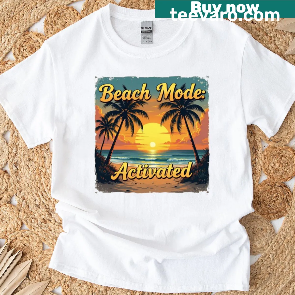 Retro t-shirt with palm tree and sunset design for summer vibes — on a men's t-shirt