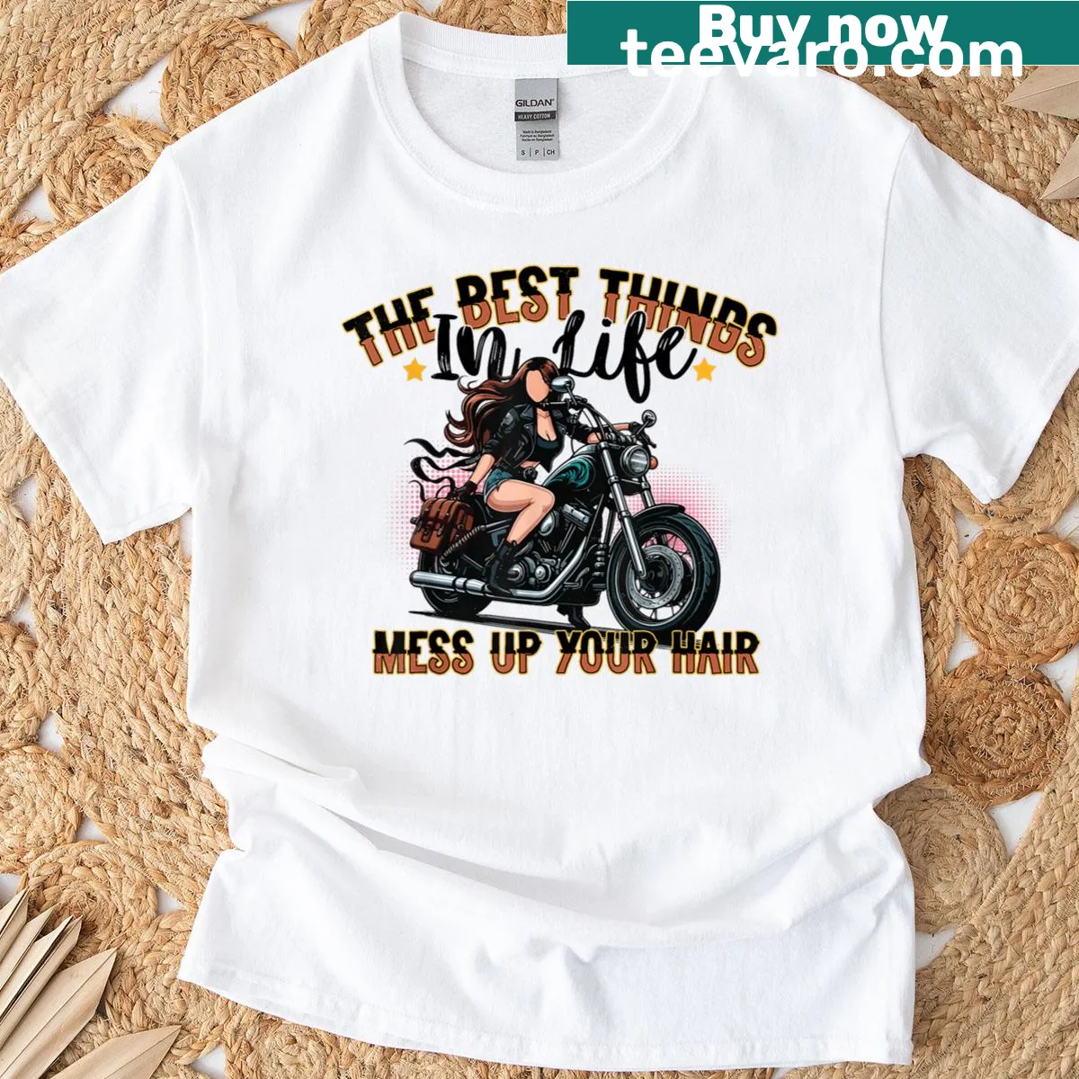 Funny biker girl T-shirt with text about messy hair — on a men's t-shirt
