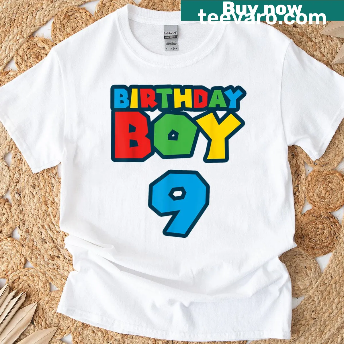 Cartoon graphic t-shirt for a boy's 9th birthday — on a men's t-shirt