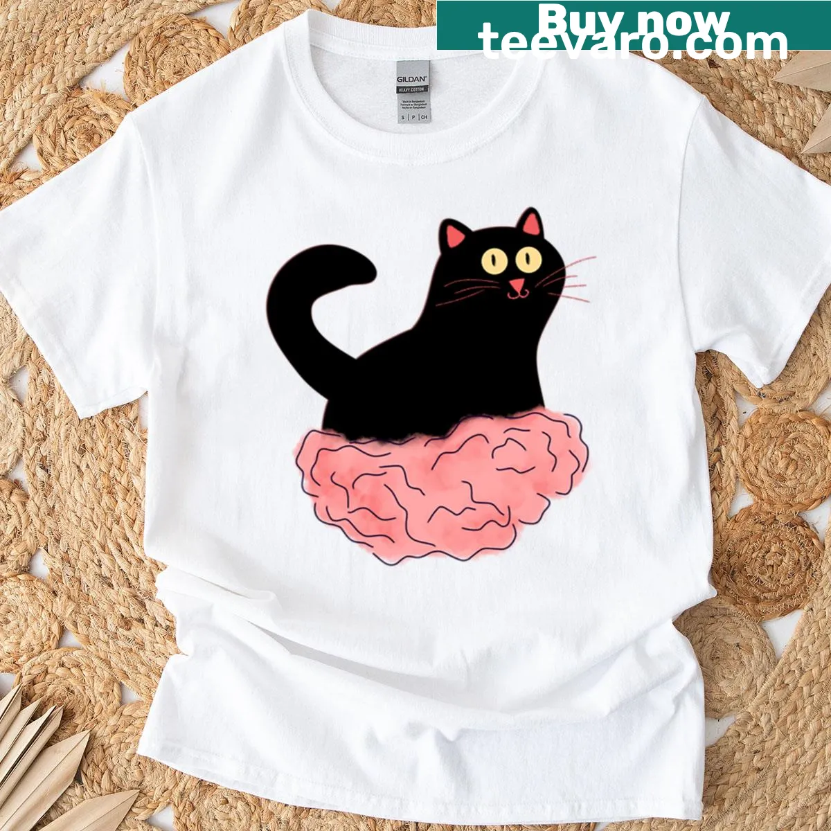 Illustration of a black cat flying on a cloud — on a men's t-shirt