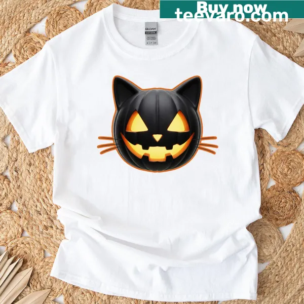 Black cat and jack-o'-lantern emoji graphic T-shirt
