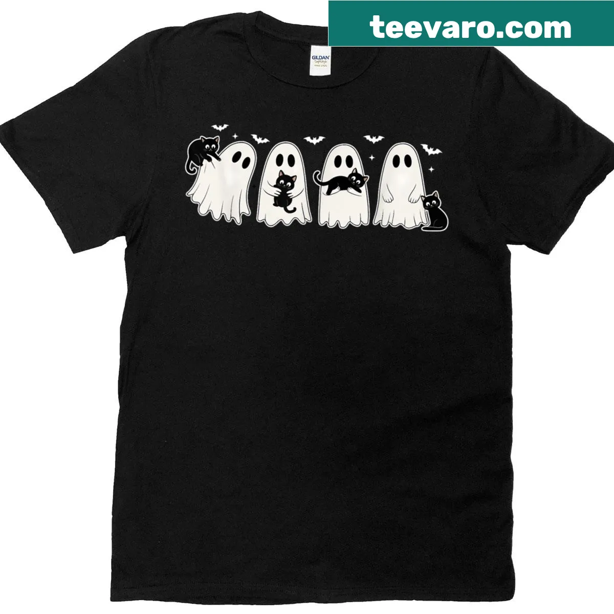 Cartoon black cats in ghost costumes for Halloween T-shirt — on a men's t-shirt
