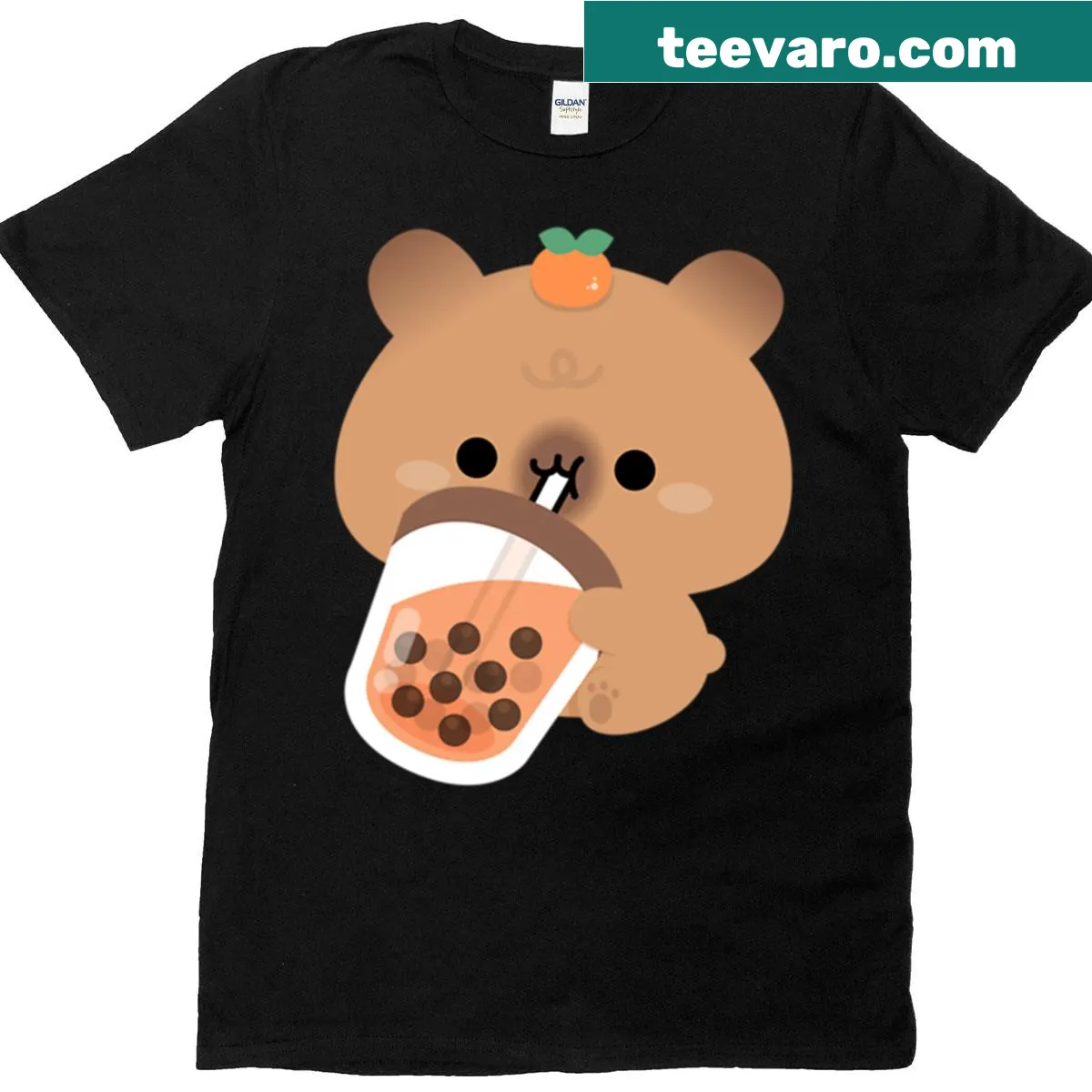 Cartoon graphic of a capybara with boba tea. — on a men's t-shirt