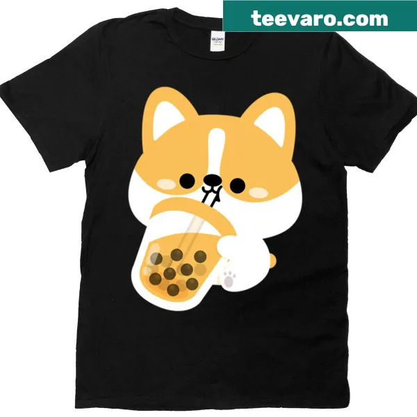 Illustration of a corgi beside a boba tea drink