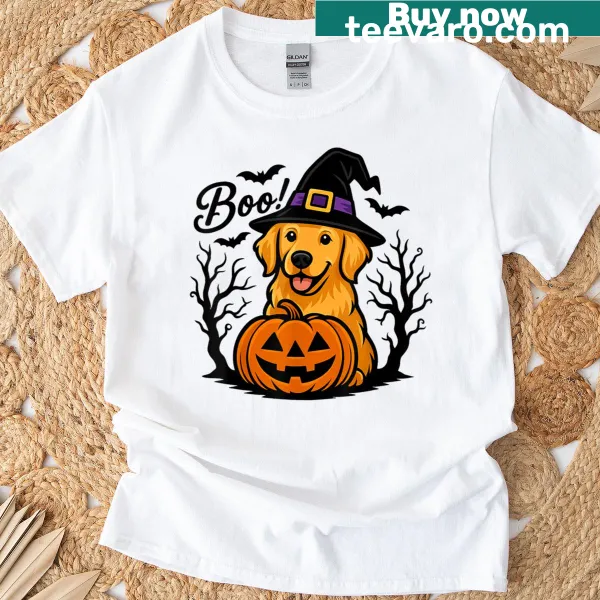 Adorable Golden Retriever in witch hat with Halloween theme