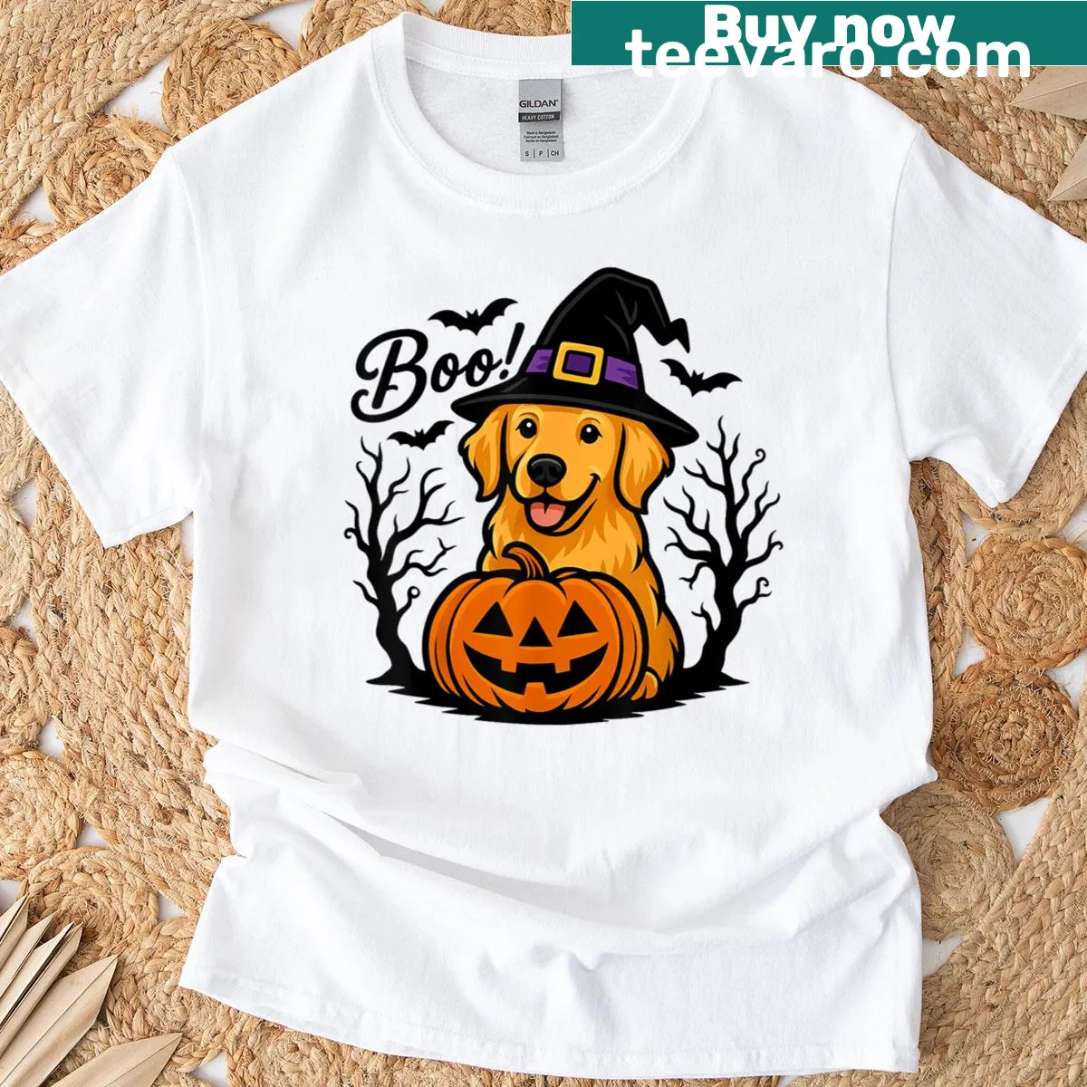 Adorable Golden Retriever in witch hat with Halloween theme — on a men's t-shirt