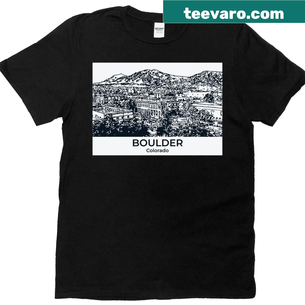 Illustrative graphic featuring Boulder Colorado scenery. — on a men's t-shirt