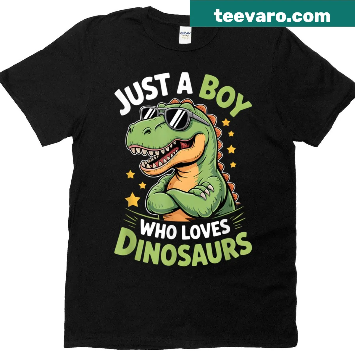 Cartoon dinosaur graphic on a boys' T-shirt — on a men's t-shirt