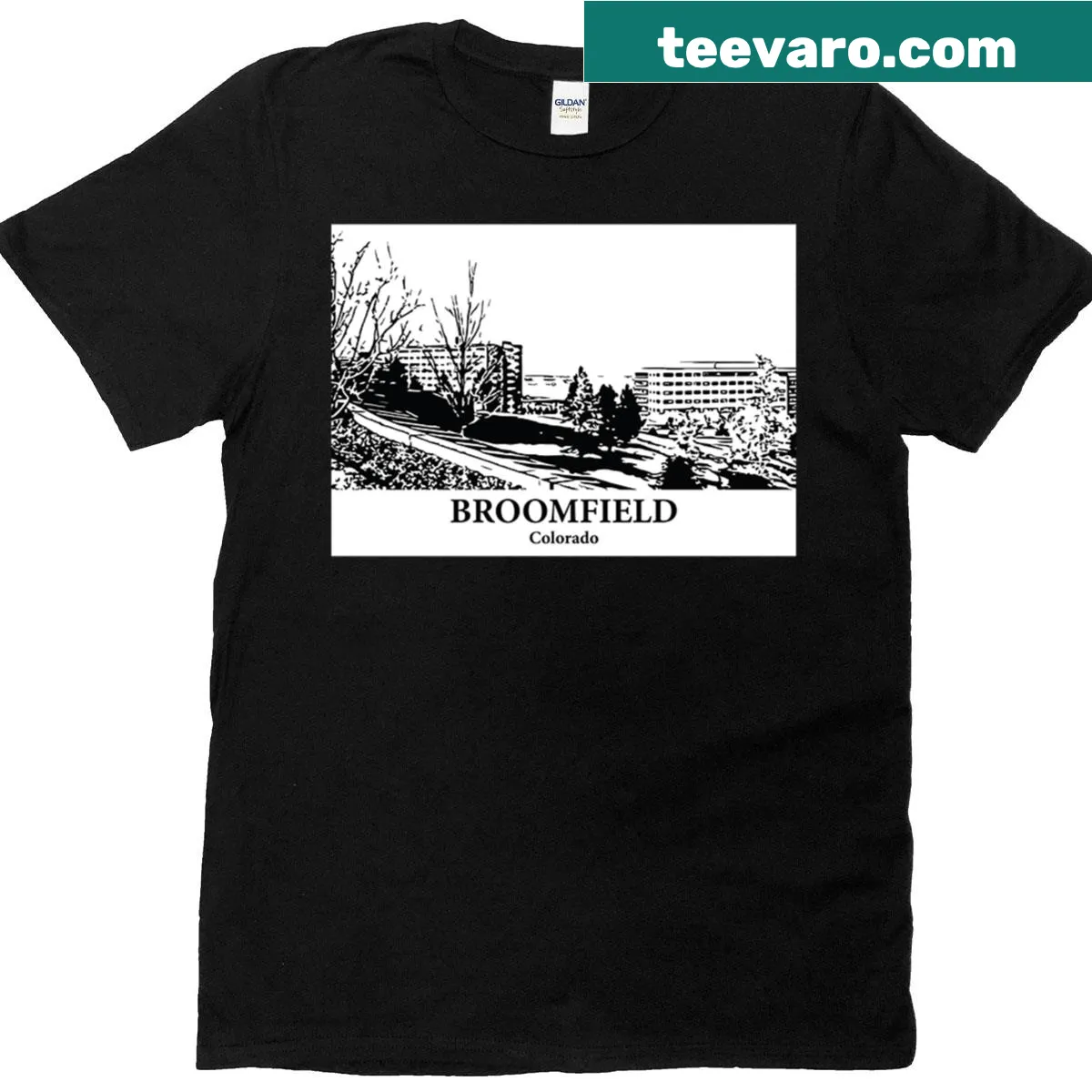 Illustrative T-shirt showcasing Broomfield Colorado landmarks — on a men's t-shirt