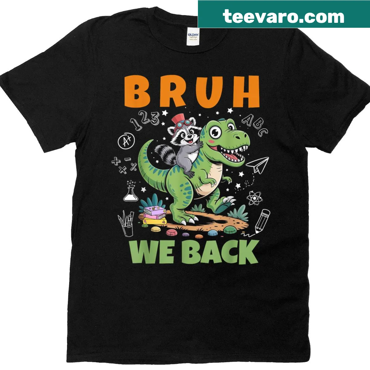 Funny back-to-school tee with a raccoon riding a dinosaur — on a men's t-shirt