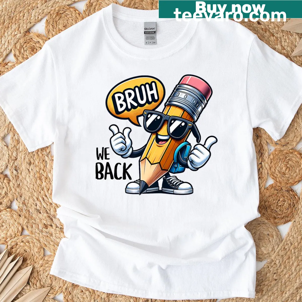 Cartoon pencil graphic with text 'Bruh We Back' on a tee — on a men's t-shirt
