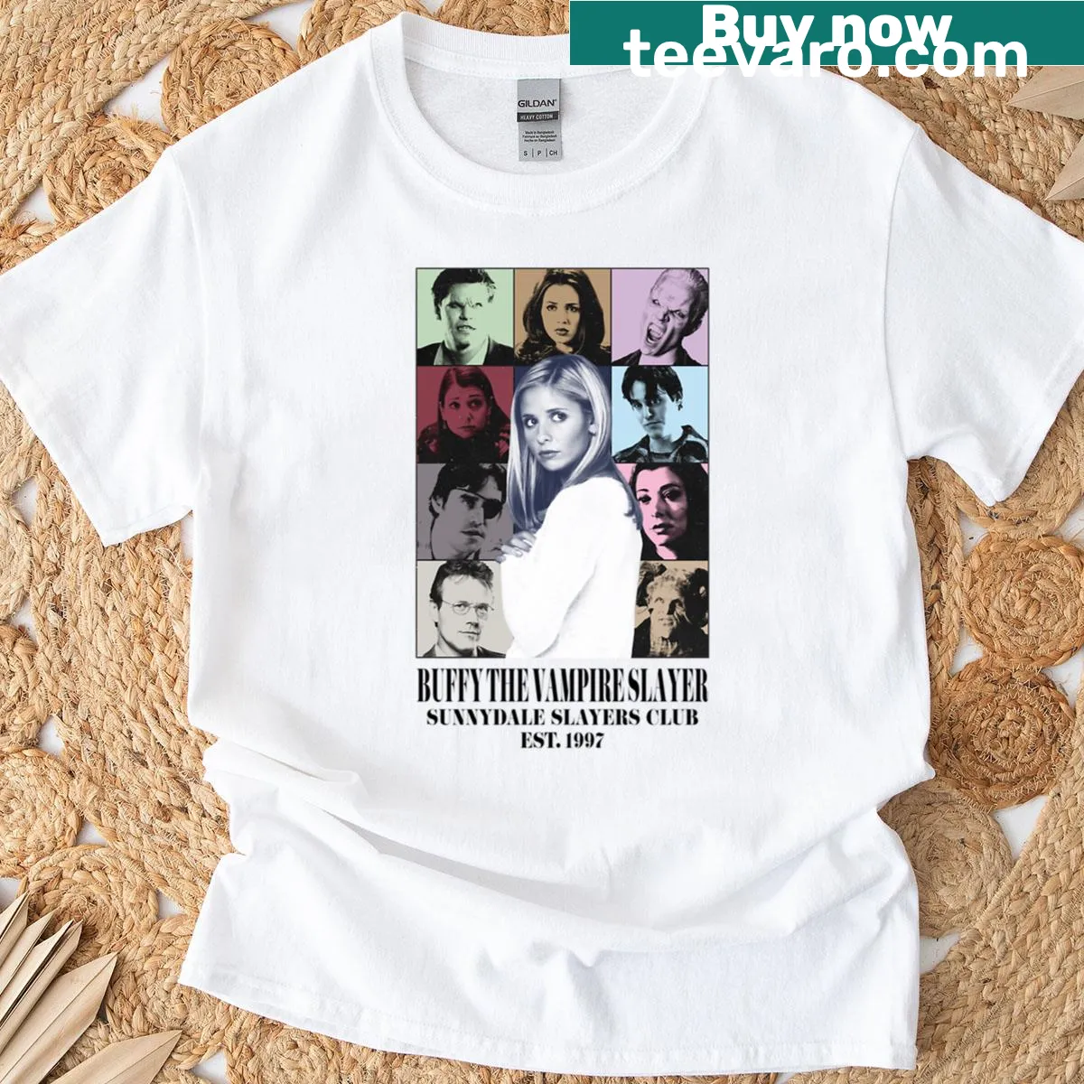 Graphic t-shirt celebrating Buffy the Vampire Slayer's eras — on a men's t-shirt