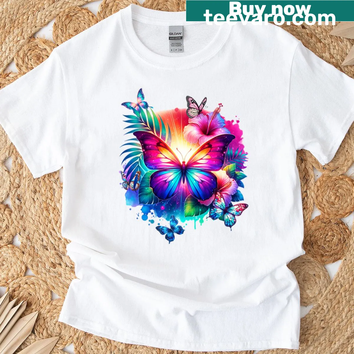 Charming t-shirt featuring a collage of illustrated butterflies — on a men's t-shirt
