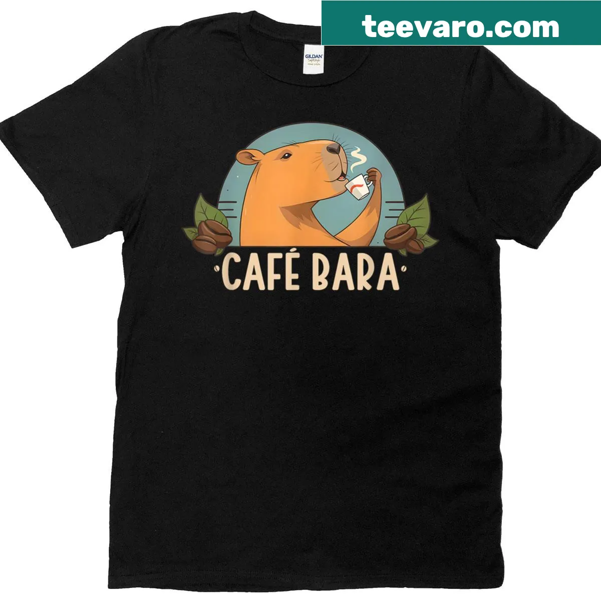Funny capybara and coffee graphic on a whimsical T-shirt — on a men's t-shirt