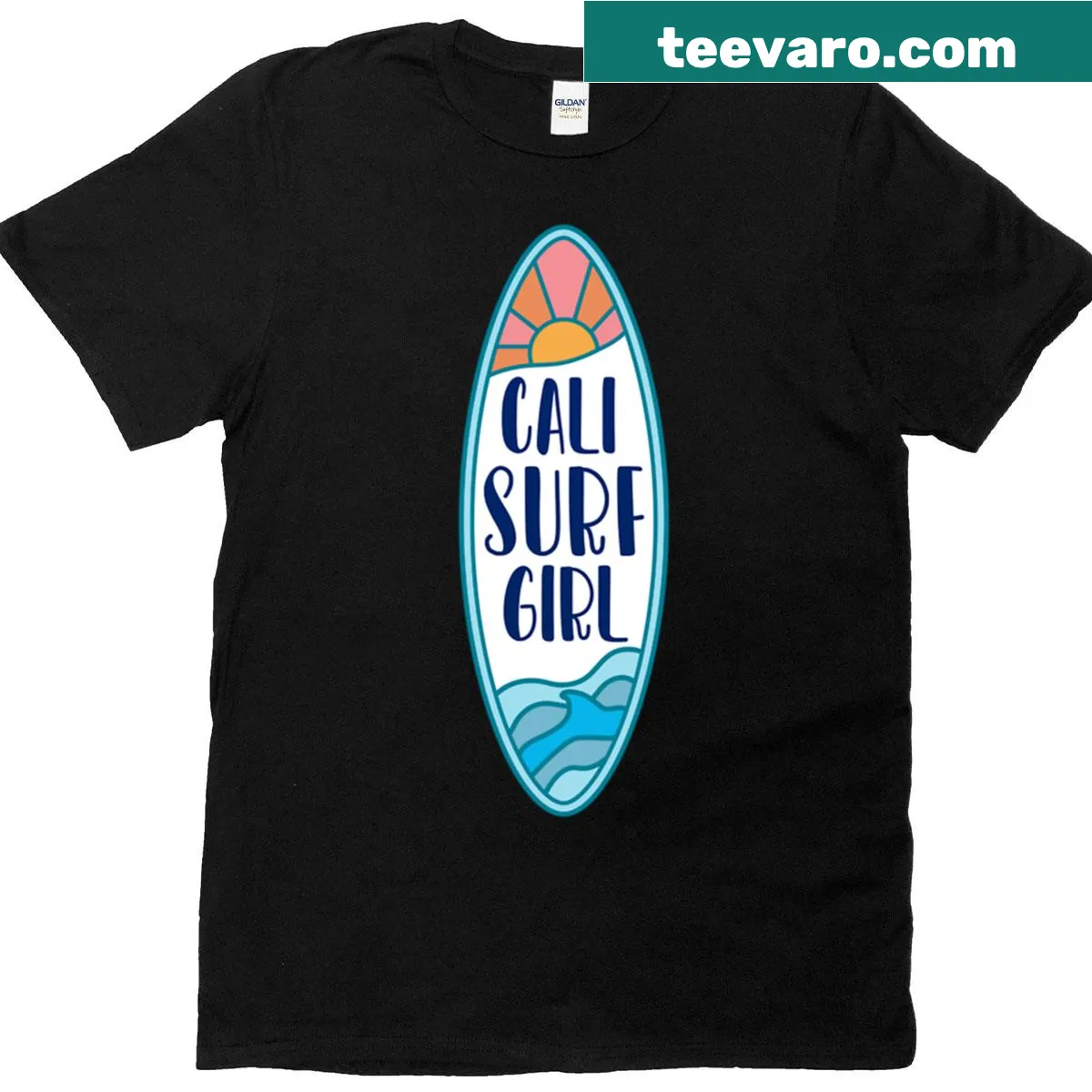 Surf girl surfing t-shirt with California vibe illustration — on a men's t-shirt