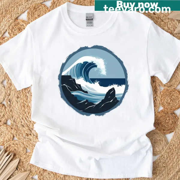 Illustrated ocean waves and cliffs on a coastal-themed T-shirt