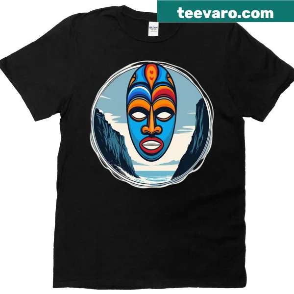 Bold coastal art design featuring tribal masks and cliffs
