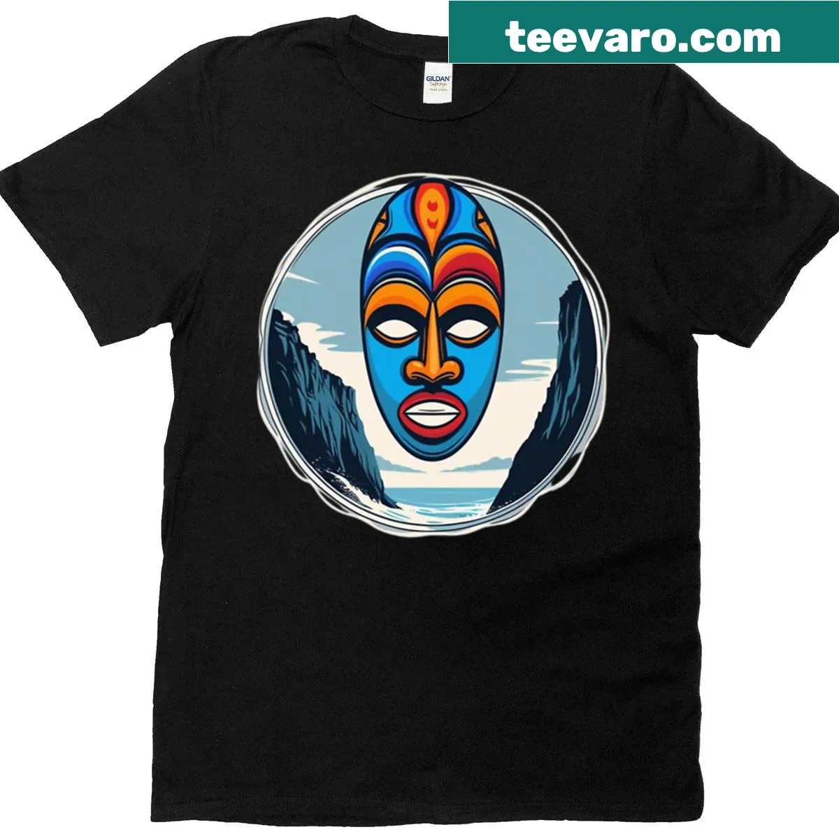 Bold coastal art design featuring tribal masks and cliffs — on a men's t-shirt